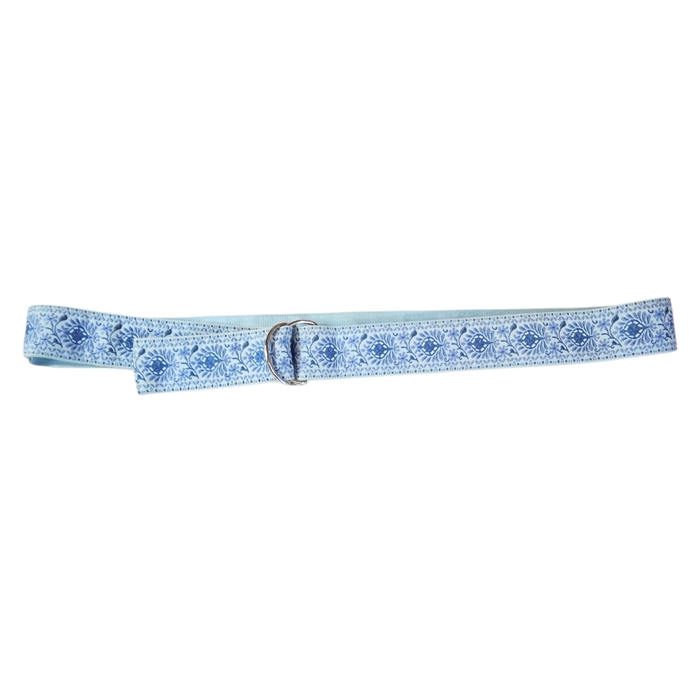Light Blue Floral Jacquard Fabric Belt with Double Ring Buckle - Picture 5 of 5